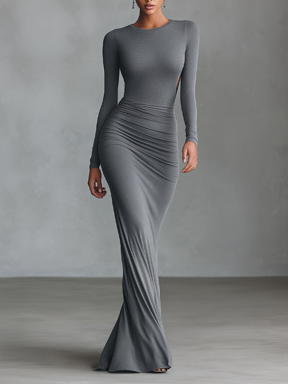 Women's Grey Elegant Stretch - Polyester-Cotton Blend Ruched Open - Back Maxi Dress