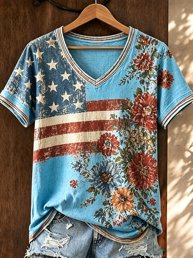 Women's Casual Retro Patriotic T-shirt