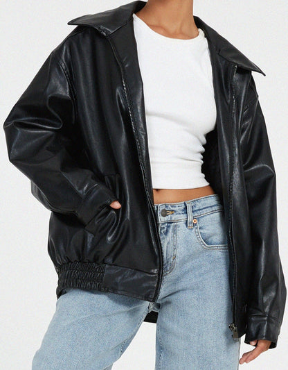 Chaqueta bómber de cuero oversize para mujer