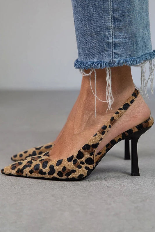 Pointed Toe Leopard Print Slingback Khaki Stiletto Real Leather Heels