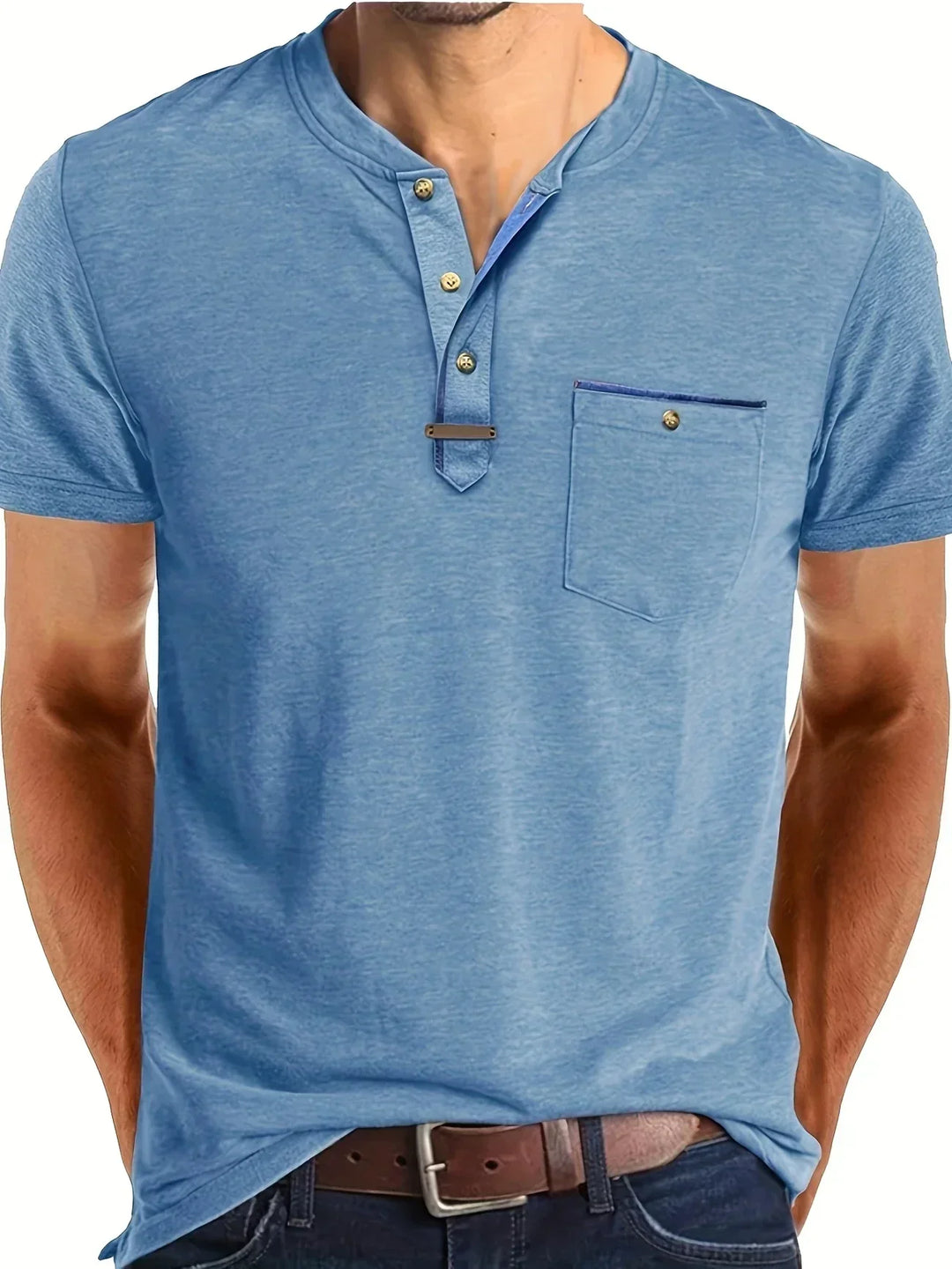 Camisa Clásica de Cuello Redondo con Bolsillo