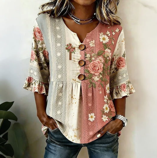Women'S Retro Faith Floral Printed Cotton And Hemp Casual Top