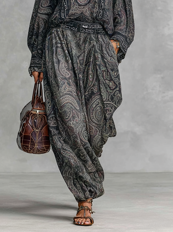 Women's Vintage Paisley Print Stand-up Collar Long Sleeve Shirt Trousers Two-piece Set