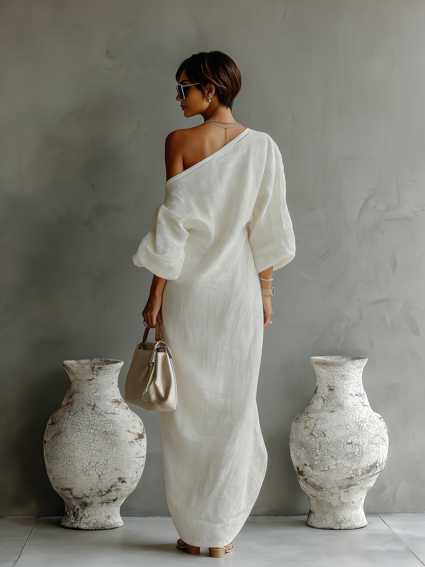 Elegant Flowing Ivory White Dress with Off-Shoulder