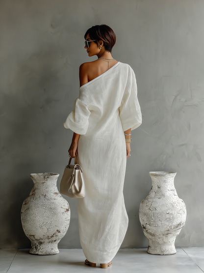 Elegant Flowing Ivory White Dress with Off-Shoulder