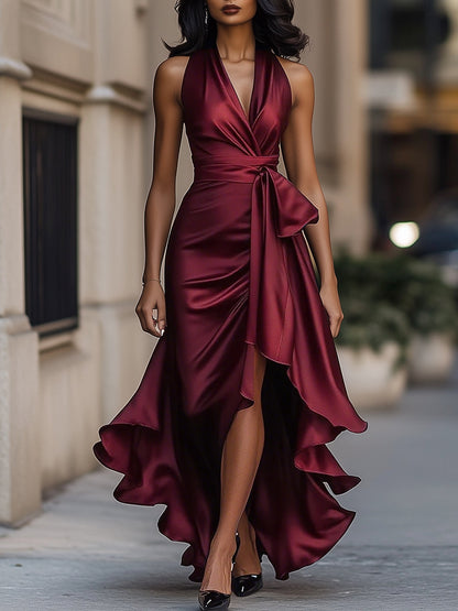 Violet & Grace - Midnight Elegance Satin Halter Ruffle Gown