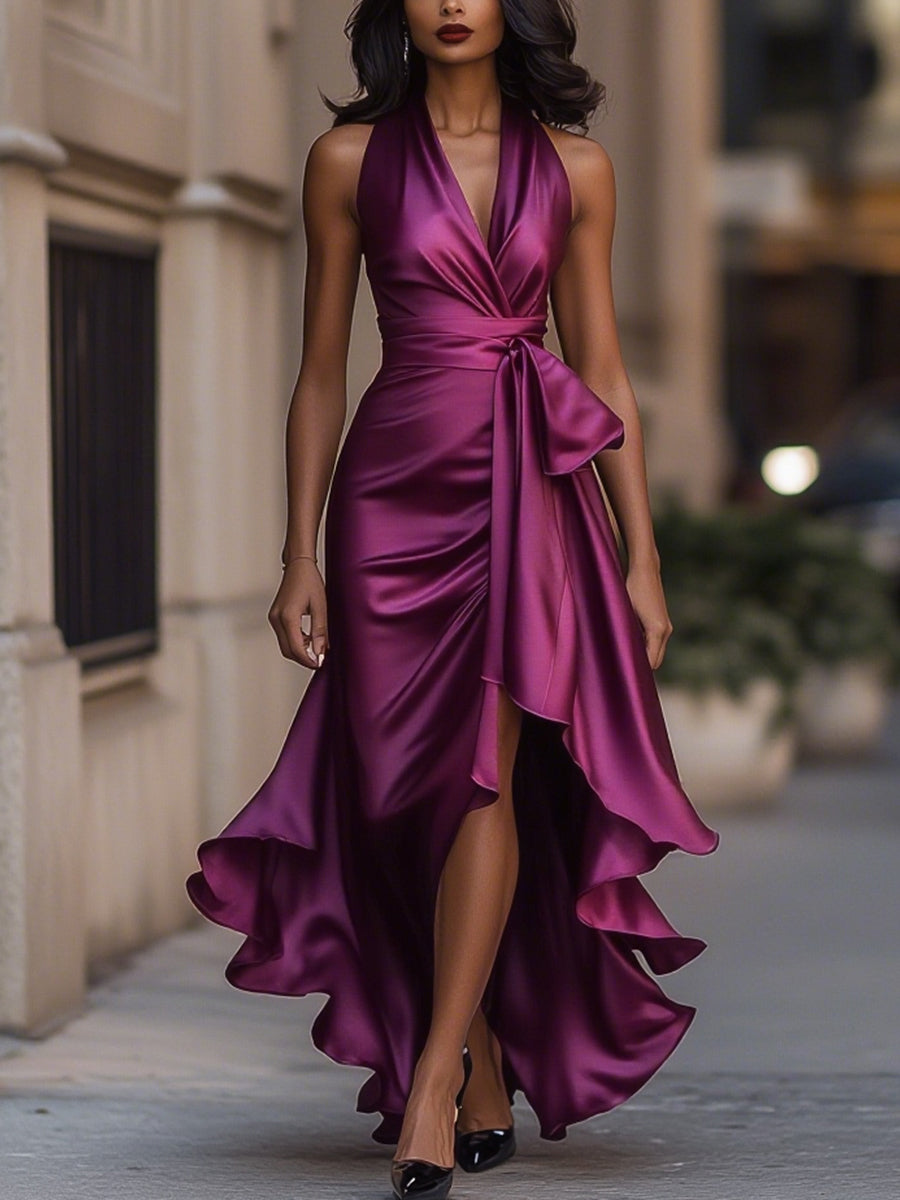 Violet & Grace - Midnight Elegance Satin Halter Ruffle Gown