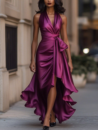 Violet & Grace - Midnight Elegance Satin Halter Ruffle Gown