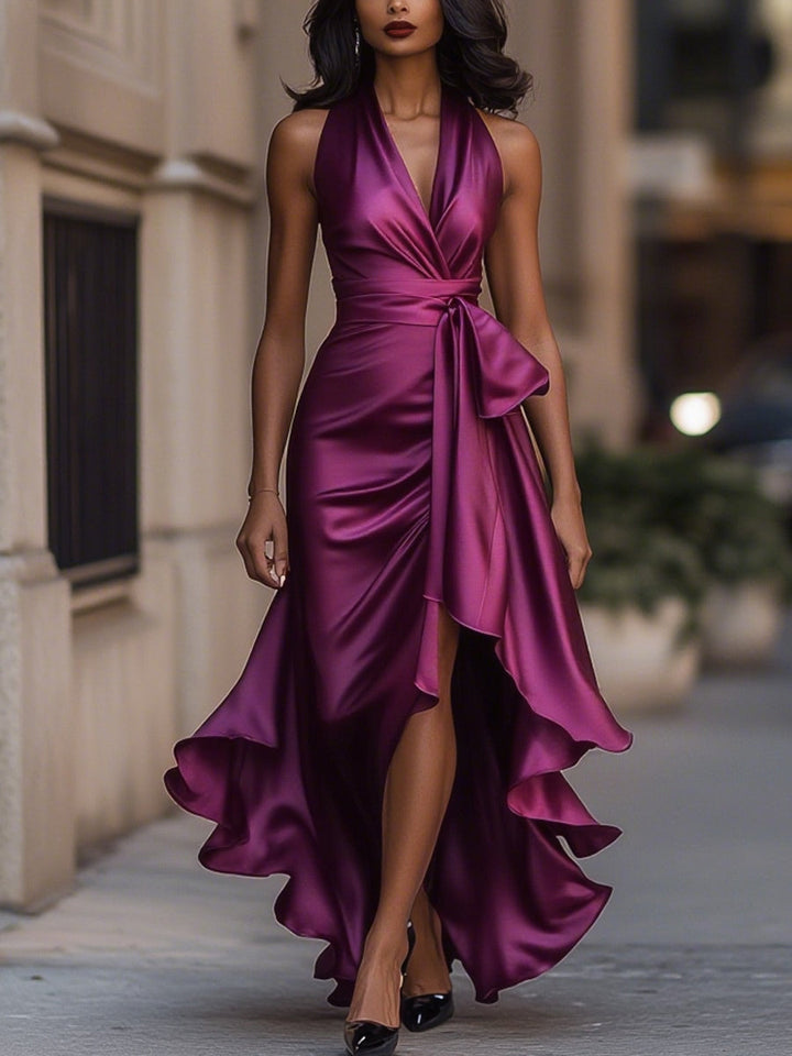 Violet & Grace - Midnight Elegance Satin Halter Ruffle Gown