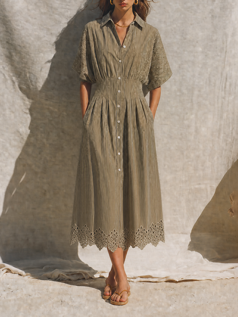 Women's Mediterranean Style Khaki Cotton Blend Striped Collared Button-Front Short Sleeve Eyelet Hem Midi Shirt Dress