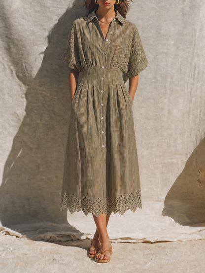 Women's Mediterranean Style Khaki Cotton Blend Striped Collared Button-Front Short Sleeve Eyelet Hem Midi Shirt Dress