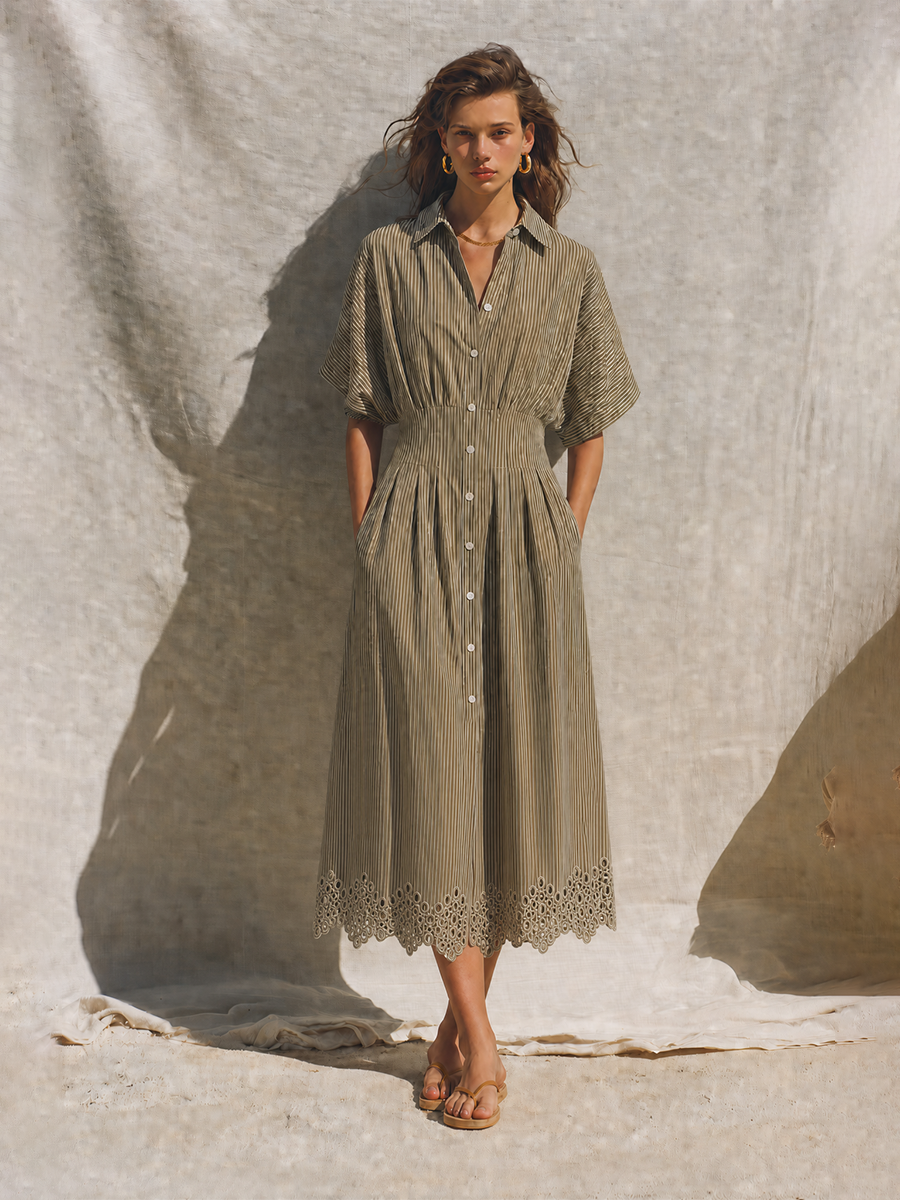 Women's Mediterranean Style Khaki Cotton Blend Striped Collared Button-Front Short Sleeve Eyelet Hem Midi Shirt Dress