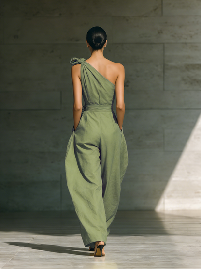 Women's Light Green Cotton And Linen Blend One-Shoulder Wide-Leg Jumpsuit With Tie Waist