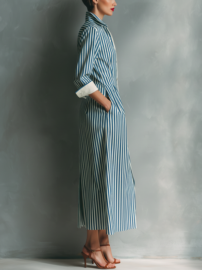 Women's Blue And White Cotton Blend Striped Shirt Dress With Red Chest Pocket
