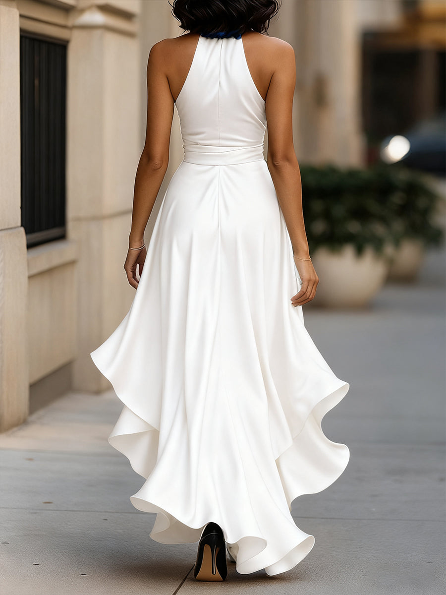 Violet & Grace - Midnight Elegance Satin Halter Ruffle Gown