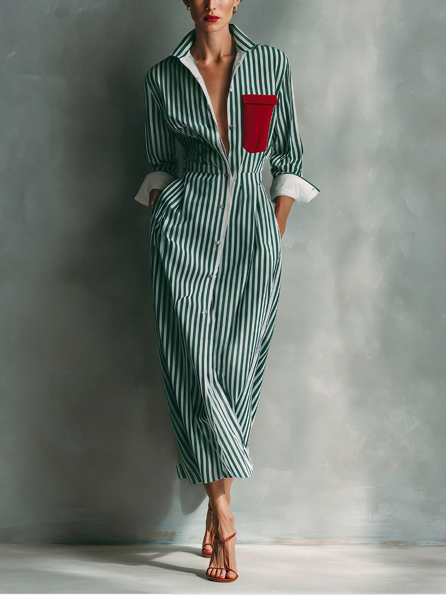 Women's Blue And White Cotton Blend Striped Shirt Dress With Red Chest Pocket