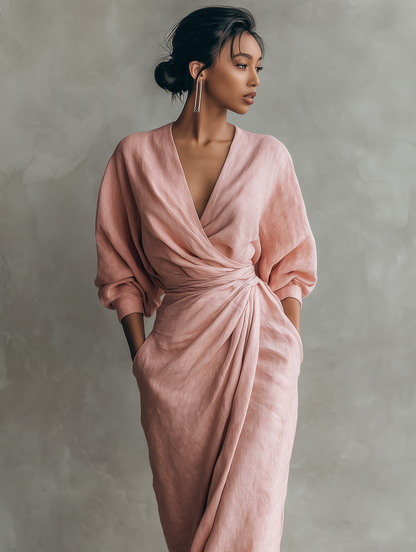 Women's Pink Minimalist V-neck Linen Blend Maxi Dress