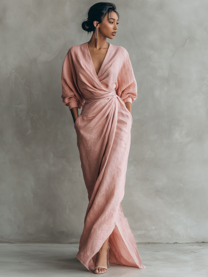 Women's Pink Minimalist V-neck Linen Blend Maxi Dress
