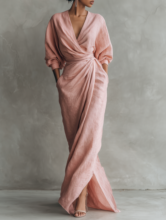 Pink Minimalist Maxi Dress with V-Neck for Women