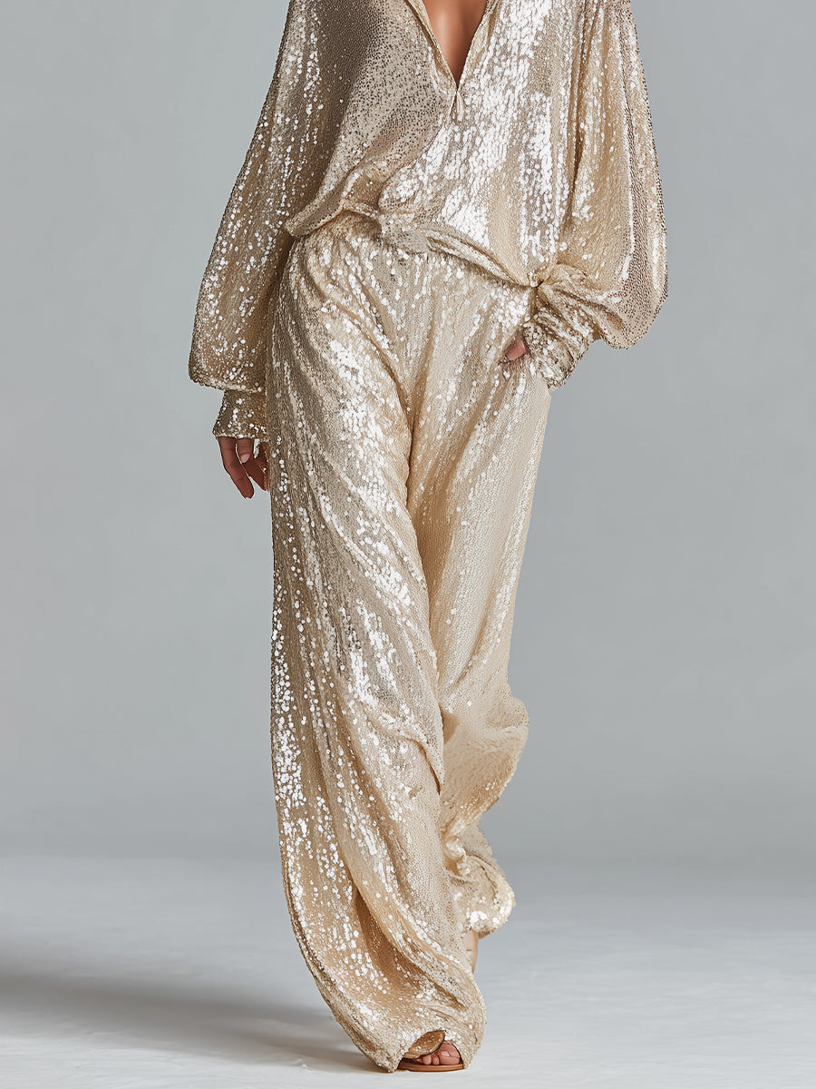 Women's Gold Glamorous Sequin Collared Half - Zip Wide - Leg Loungewear Party Set