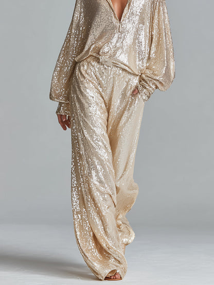 Women's Gold Glamorous Sequin Collared Half - Zip Wide - Leg Loungewear Party Set