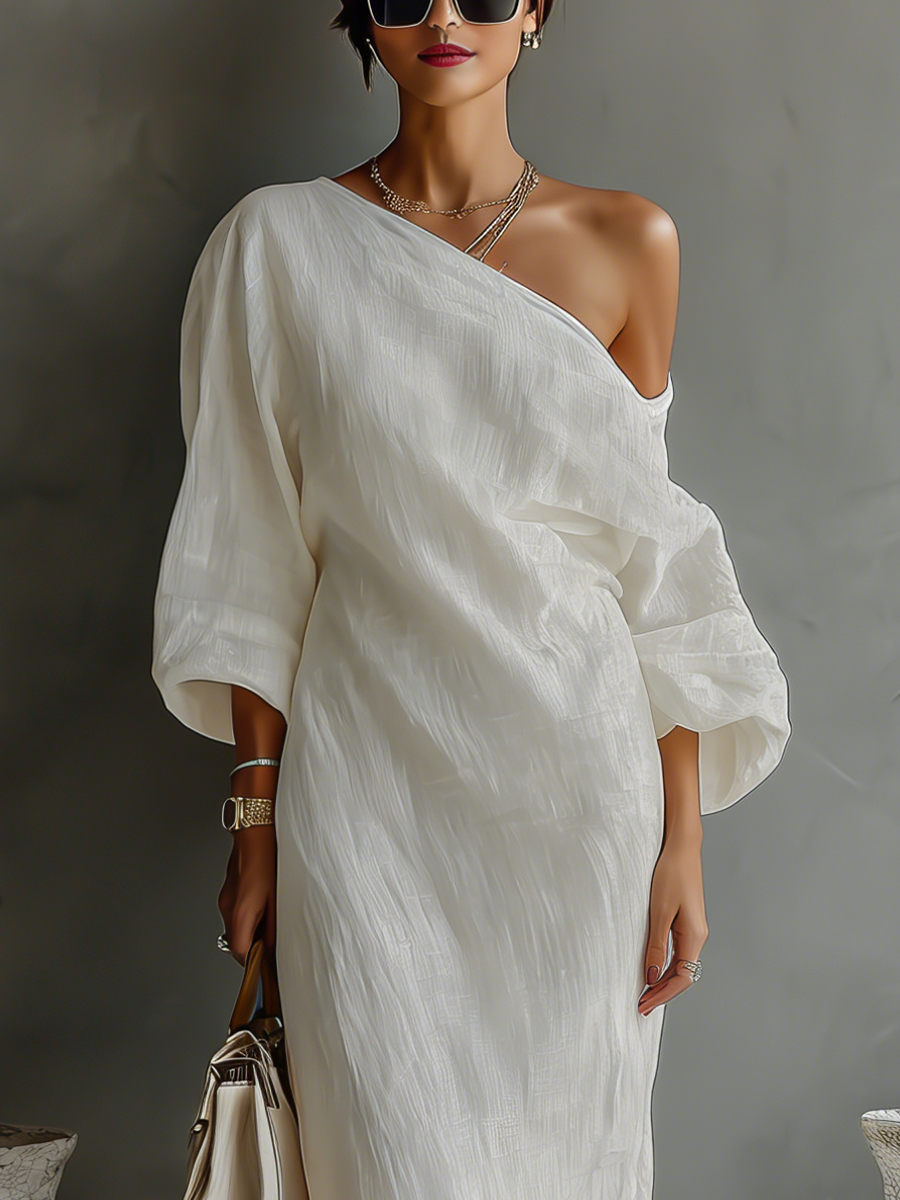 Elegant Flowing Ivory White Dress with Off-Shoulder