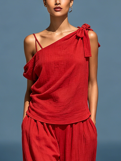 Women’s Red Linen Two-Piece Set: Asymmetrical One-Shoulder Top (Without Neck Scarf) & Wide-Leg Pants With Pockets