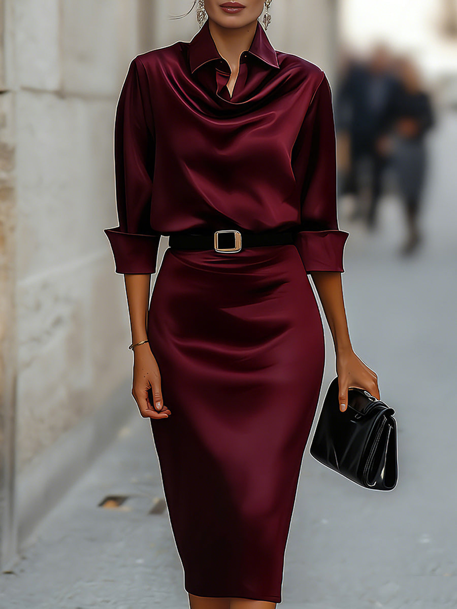 Elegant Satin Draped-Collar Midi Dress With Black Belt