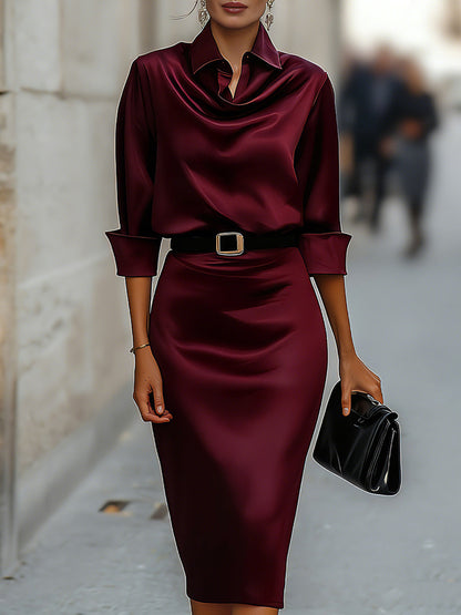 Elegant Satin Draped-Collar Midi Dress With Black Belt