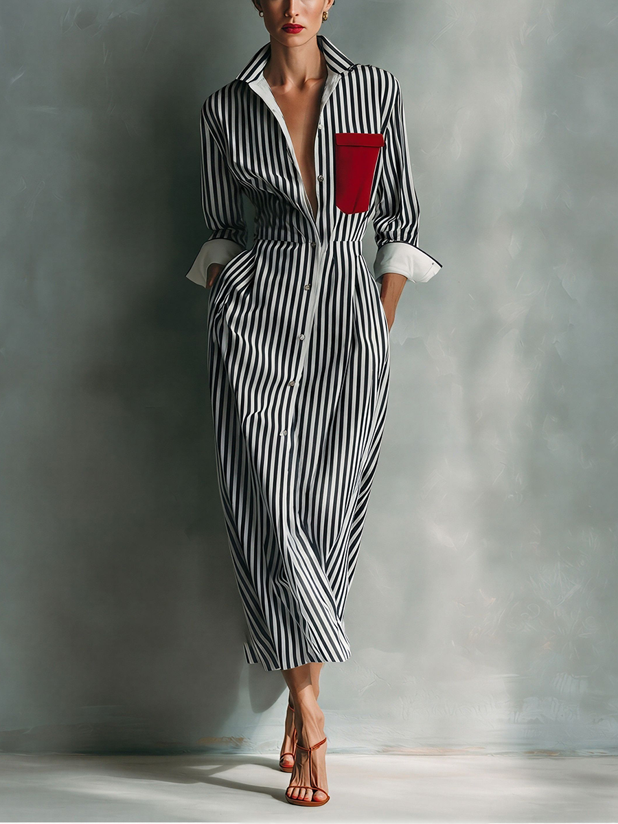 Women's Blue And White Cotton Blend Striped Shirt Dress With Red Chest Pocket