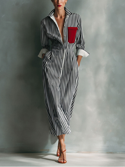 Women's Blue And White Cotton Blend Striped Shirt Dress With Red Chest Pocket