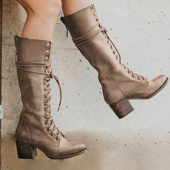 Women’s Lace-Up Knee-High Boots with Block Heel