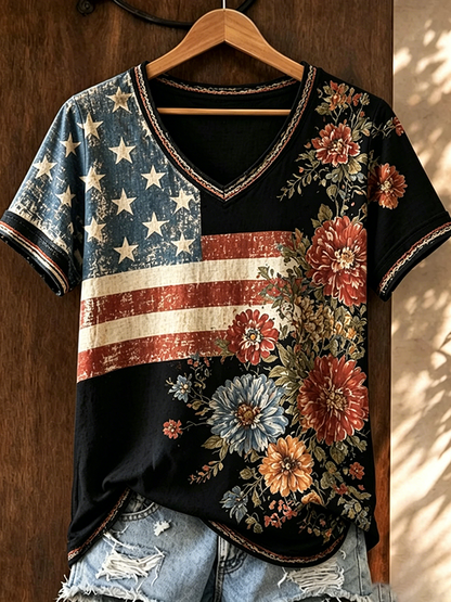Women's Casual Retro Patriotic T-shirt