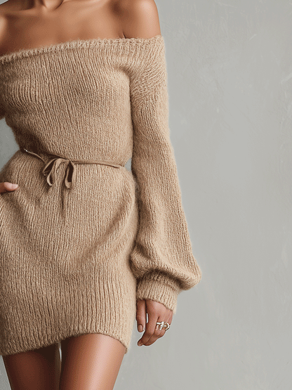Women's Camel Elegant Fuzzy Knit Off - The - Shoulder Belted Mini Dress
