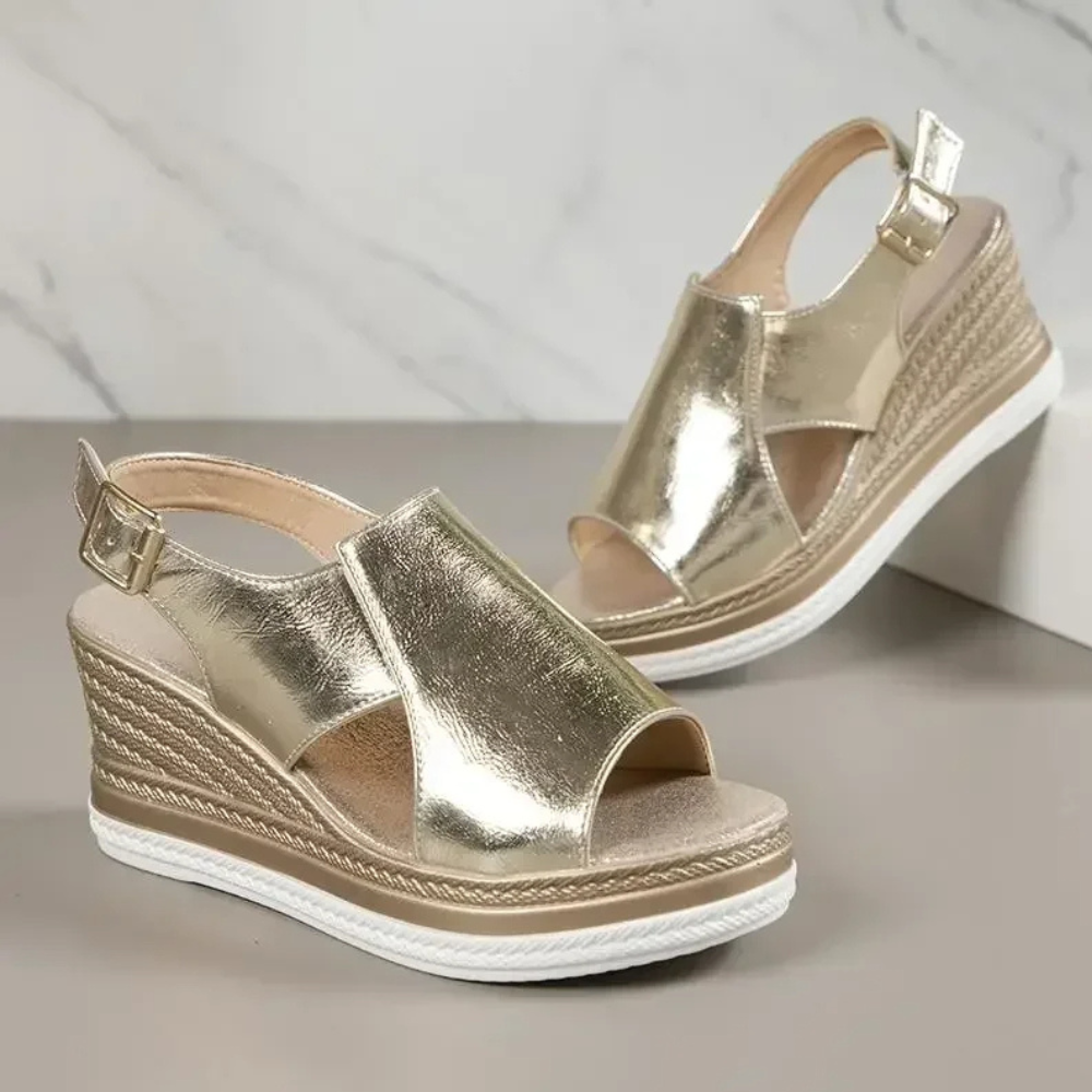 Messina Peep-Toe Buckle Wedge  Sandals