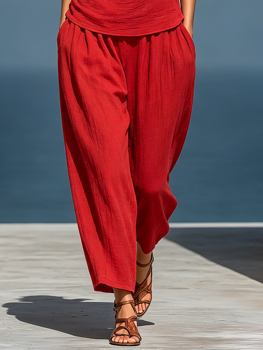 Women’s Red Linen Two-Piece Set: Asymmetrical One-Shoulder Top (Without Neck Scarf) & Wide-Leg Pants With Pockets
