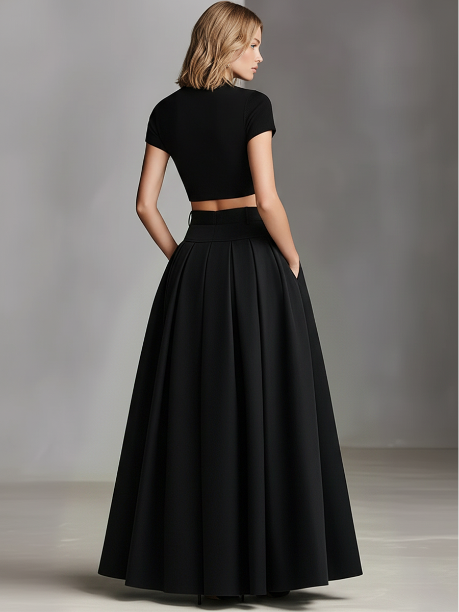 Women's Black Stretch-Knit & Woven Set With Cropped Top & Maxi Dress, Timeless Sleek-Chic Style Set (without Belt)