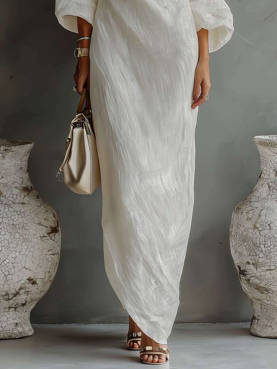 Elegant Flowing Ivory White Dress with Off-Shoulder