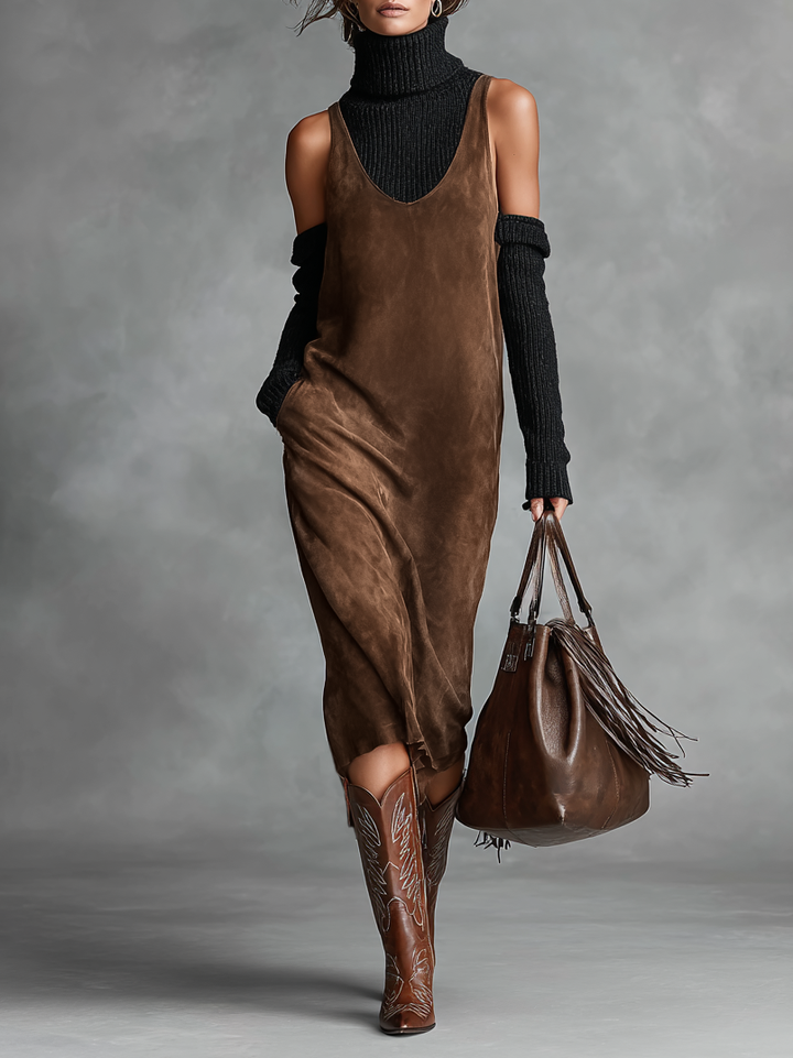 Women's Retro Simple Suede U-Neck Sleeveless Tank Midi Dress