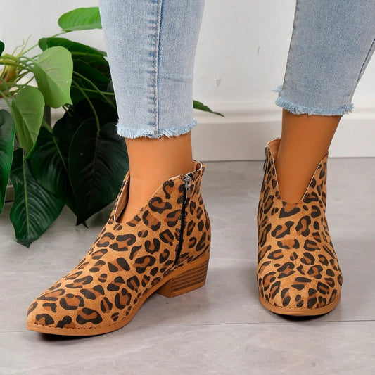 Women’s Leopard Print Ankle Boots with Zipper