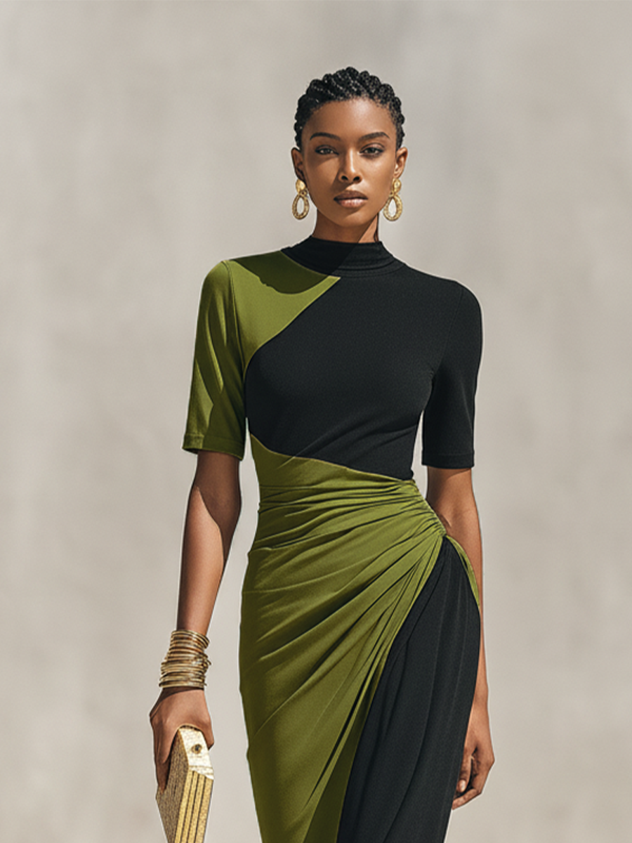 Women's Black & Olive Green Color-Block Jersey Maxi Dress With High Neck & Waist Ruched Detail, Elegant Bodycon Evening Dress