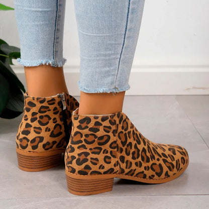 Women’s Leopard Print Ankle Boots with Zipper