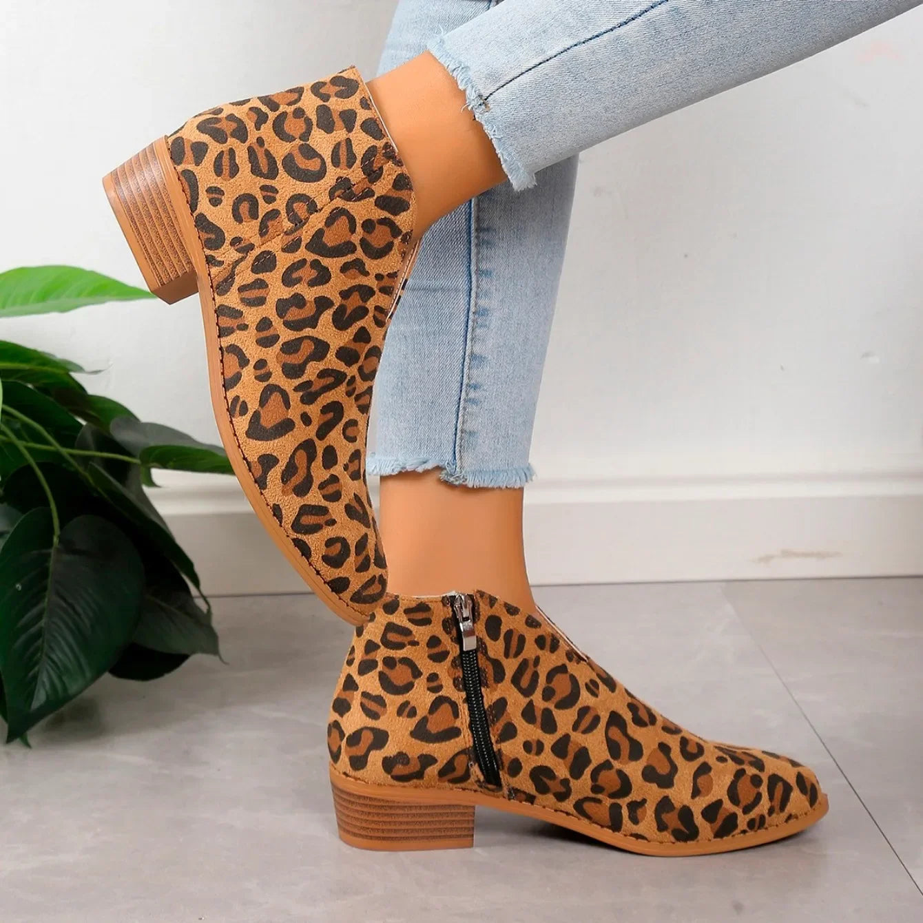 Women’s Leopard Print Ankle Boots with Zipper