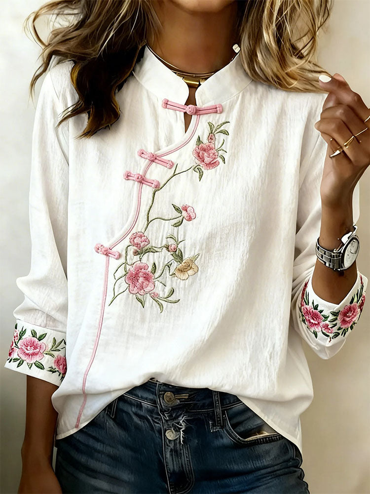Women'S Floral Art Stand Up Collar Buckle Elegant Casual Long Sleeved Shirt