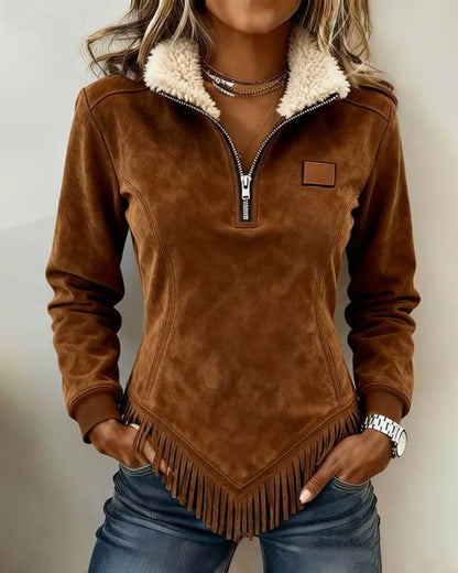 Sudadera con cuello de media cremallera, diseño asimétrico y detalle de flecos