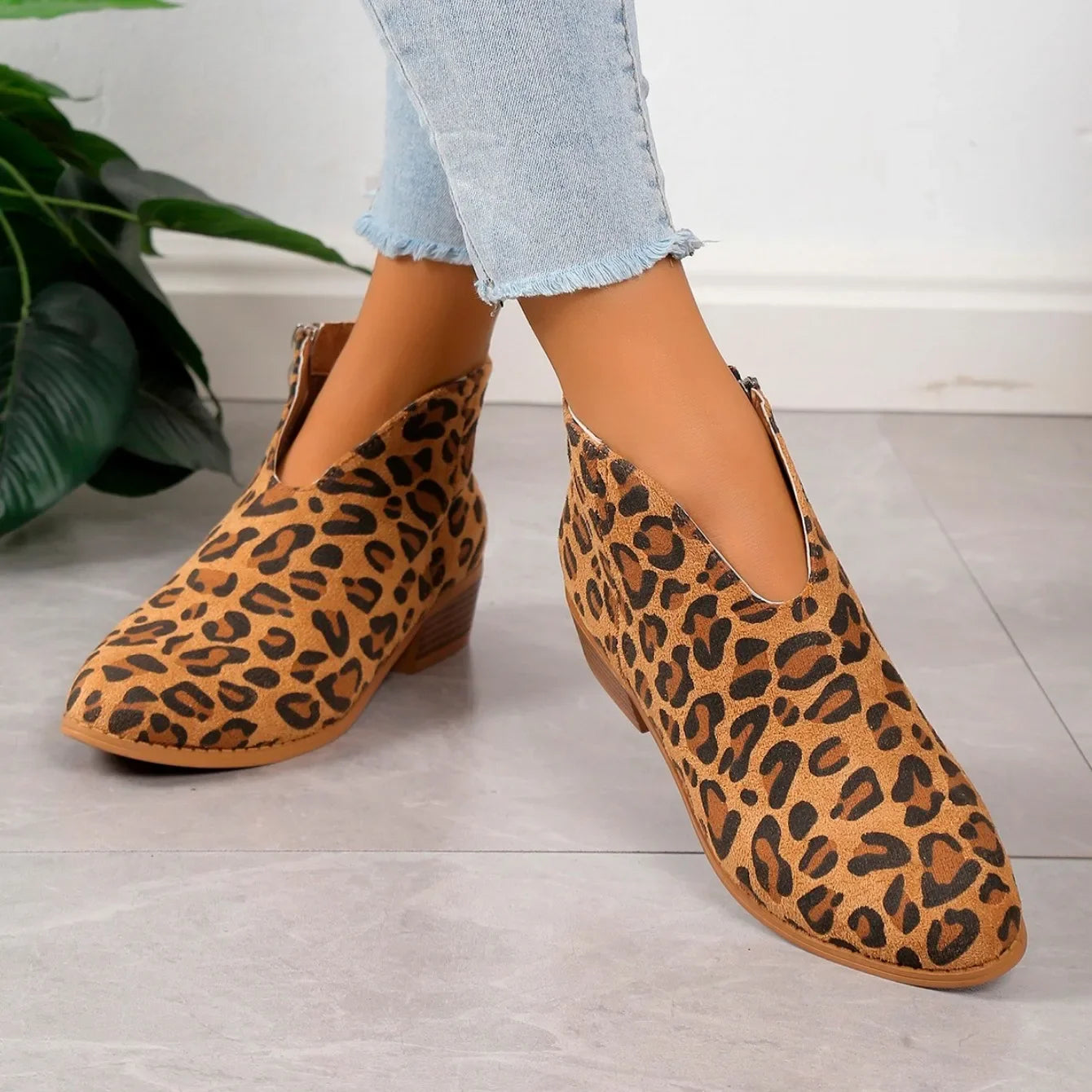 Women’s Leopard Print Ankle Boots with Zipper