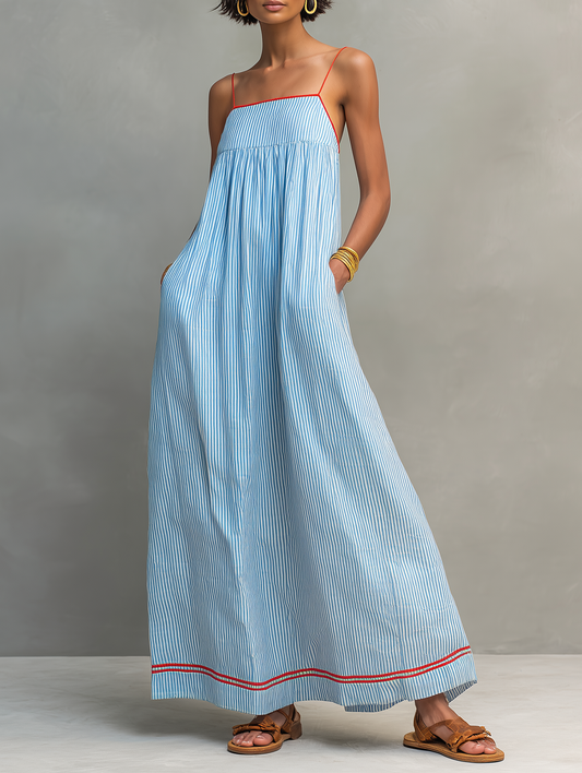 Women's Minimalist Striped Maxi Dress With Red Trim And Spaghetti Straps