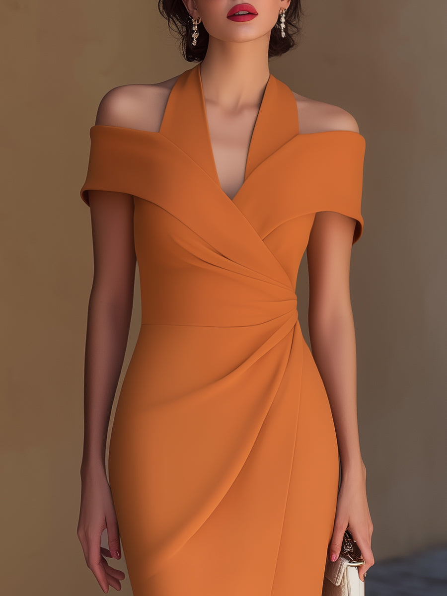 Off-Shoulder Halter Collar Ruched Wrap Midi Dress