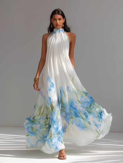 Women's Elegant White Printed Chiffon Halter-Neck Sleeveless Maxi Dress
