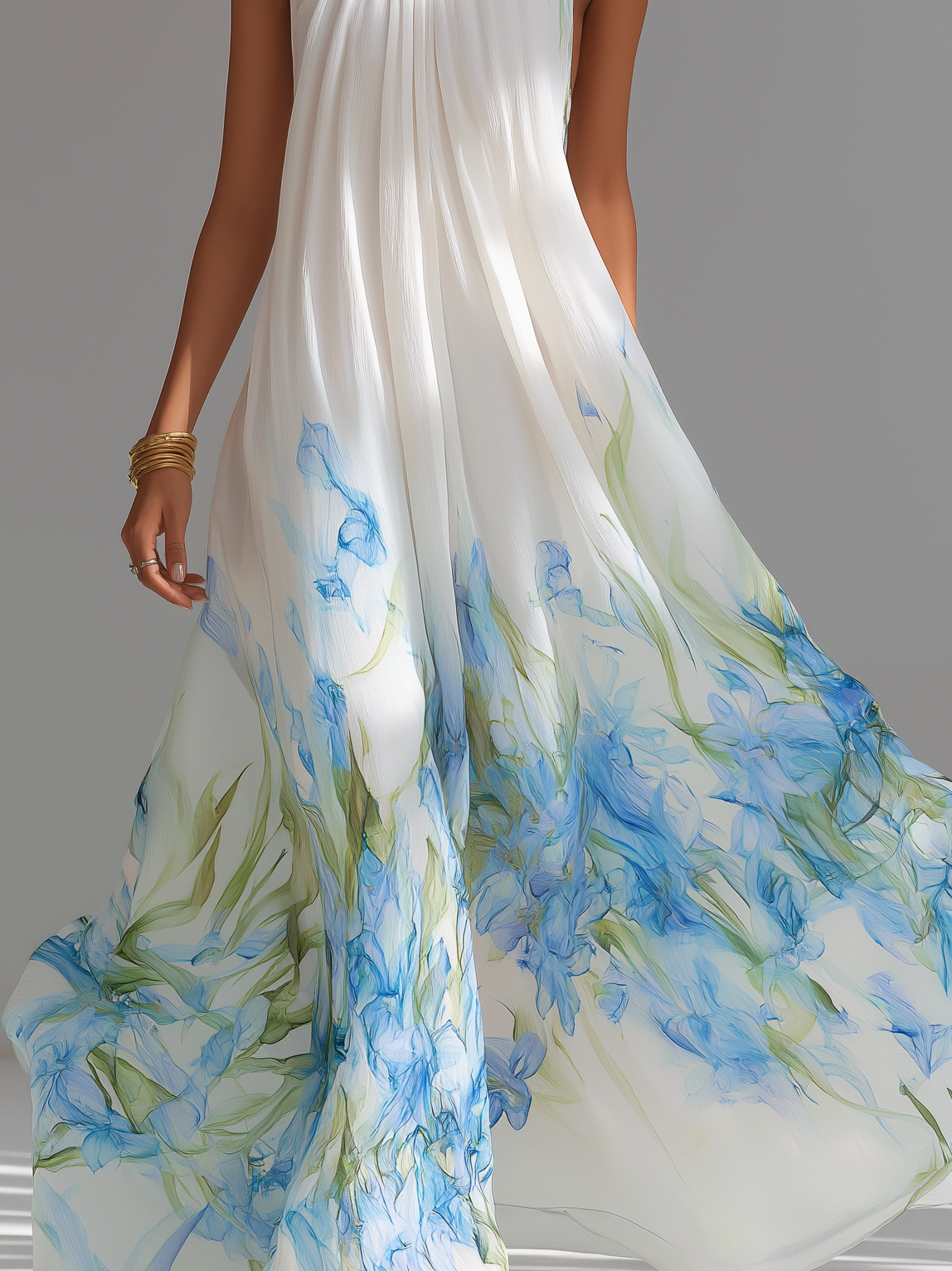 Women's Elegant White Printed Chiffon Halter-Neck Sleeveless Maxi Dress
